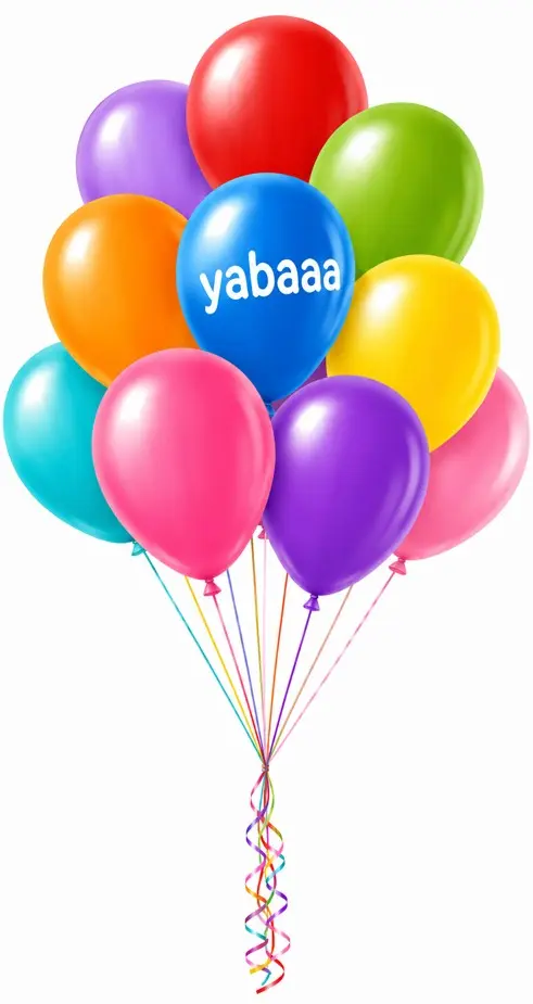 Šopek pisanih balonov z napisom yabaaa za praznovanje rojstnega dne