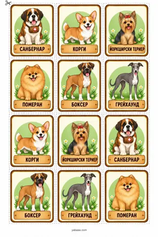 Лист 3 с дванадесет мемори карти с шест породи кучета