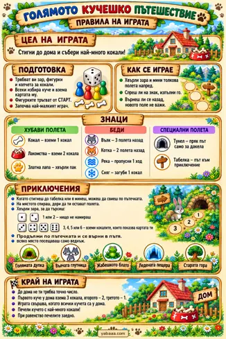 Лист с правилата на играта: цел, подготовка, знаци, приключения и край на играта