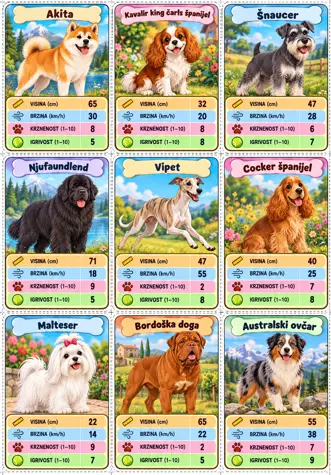 List s devet karata s pasminama pasa i njihovim vrijednostima
