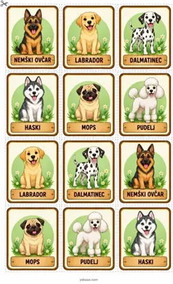 List 1 z dvanajstimi kartami za spomin s šestimi pasmami psov