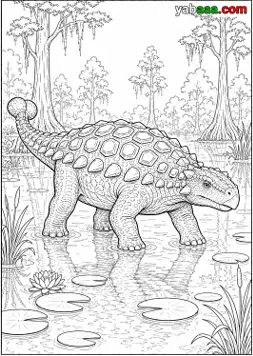Dinosaur za bojanje, ankilosaur gazi kroz močvaru između vodenih ljiljana i visokog drveća