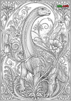 Dinosaur za bojanje, brahiosaur u dekorativnom okviru u stilu art nouveau s vijugavim stabljikama i cvijećem
