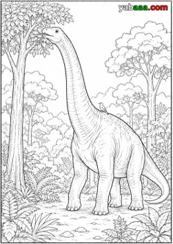 Dinosaur za bojanje, brahiosaur kida lišće s vrha visokog drveta s pticom na leđima