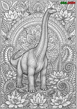 Dinosaur za bojanje, brahiosaur ispred velike mandale s lotosima, paprati i vretencima