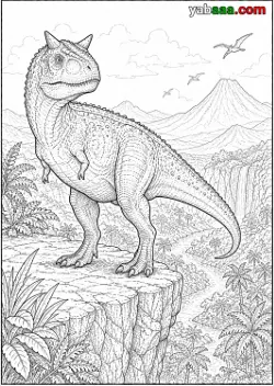 Dinosaur za bojanje, karnotaur s rogovima iznad očiju stoji na stijeni iznad džungle i vulkana