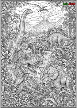 Dinosauri za bojanje, gusta džungla s tiranosaurom, triceratopsom, stegosaurom, ankilosaurom i brahiosaurom kraj vodopada