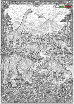 Dinosauri za bojanje, panorama s brahiosaurom, parasaurolofom, triceratopsom i stegosaurom kraj rijeke s vulkanima