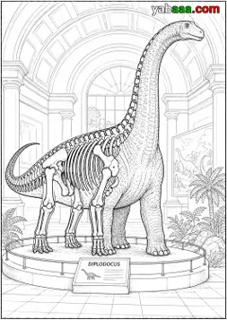 Dinosaur za bojanje, diplodok u muzeju, napola kostur i napola živa životinja