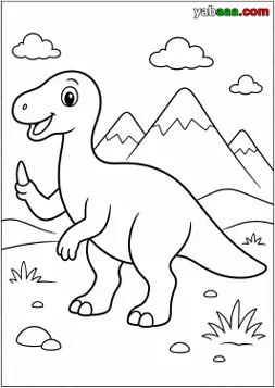 Dinosaur za bojanje, iguanodon hoda po brdu ispred zasnježenih planina i oblaka