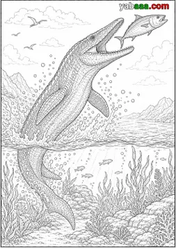 Slika za bojanje, mosasaur iskače iz vode prema ribi, a ispod se vidi podvodni svijet