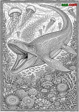 Slika za bojanje, mosasaur pliva iznad koraljnog grebena, a iznad njega lebde meduze