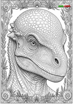 Dinosaur za bojanje, portret izbliza pahicefalosaura s ljuskavom kupolom i ornamentnim okvirom