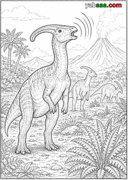 Dinosauri za bojanje, parasaurolof glasno viče, a iza njega krdo i vulkan koji se dimi