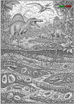 Slika za bojanje, presjek zemlje sa živim dinosaurima gore i fosilima u slojevima tla dolje