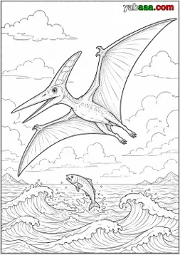 Slika za bojanje, pteranodon leti nisko iznad valova, a ispod njega skače riba