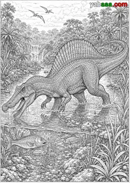 Dinosaur za bojanje, spinosaur naginje glavu prema vodi u delti s vodopadom i ribama ispod površine
