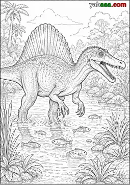 Dinosaur za bojanje, spinosaur gazi u plitkoj rijeci i lovi ribu