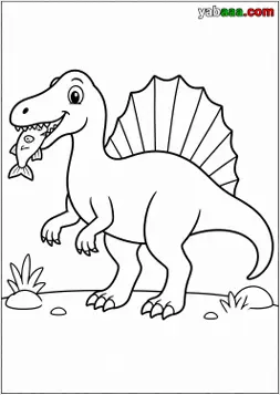 Dinosaur za bojanje, spinosaur s jedrom na leđima, uhvatio ribu u ustima