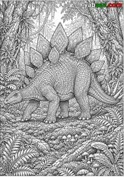 Dinosaur za bojanje, stegosaur s ukrasnim pločama u gustoj šumi s paprati i gljivama