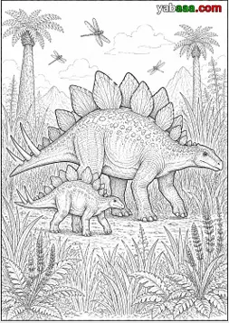 Dinosauri za bojanje, majka stegosaur i njeno mladunče hodaju kroz visoku travu s vretencima iznad njih
