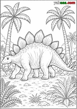 Dinosaur za bojanje, stegosaur hoda između dvije palme u prapovijesnoj šumi