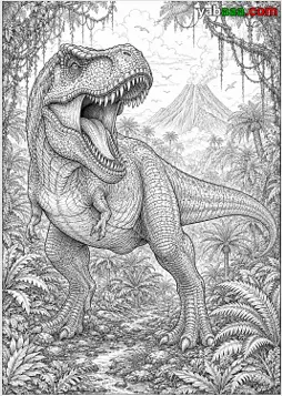 Dinosaur za bojanje, detaljan tiranosaur otvorenih usta među lijanama i paprati s vulkanom u pozadini