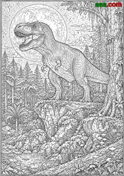 Dinosaur za bojanje, tiranosaur na stijeni na pozadini punog mjeseca i zvjezdanog neba