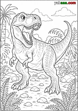 Dinosaur za bojanje, tiranosaur riče otvorenih usta među palmama i paprati