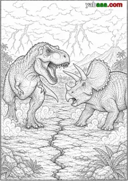 Dinosauri za bojanje, tiranosaur i triceratops jedan nasuprot drugom na napukloj zemlji pod munjama