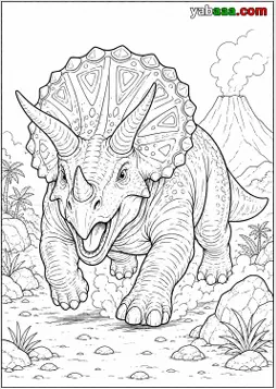 Dinosaur za bojanje, triceratops juri ravno naprijed spuštene glave s tri roga