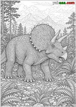 Dinosaur za bojanje, triceratops s geometrijskim uzorcima na ovratniku ispred crnogorične šume i planina