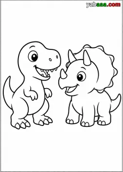 Slika dinosaura za bojanje, bebe tiranosaur i bebe triceratops stoje jedan nasuprot drugom