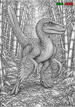 Dinosaur za bojanje, velociraptor gustog perja u bambusovoj šumi