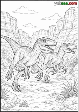 Dinosauri za bojanje, dva velociraptora s perjem trče kroz kanjon