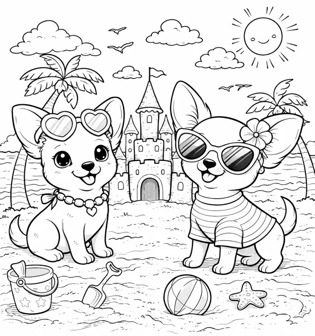 Dva karikirana mladička čivave na plaži – eden z očali v obliki srca, drugi s temnimi očali in rožo, med njima peščeni grad