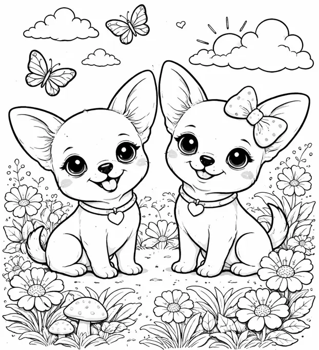 Dva kužka čivava v cvetličnem pomladnem vrtu z marjeticami, metulji in gobicami okoli – brezplačna pobarvanka