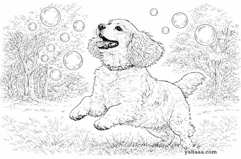 Koker španijel se igra s balončićima – besplatna bojanka za djecu