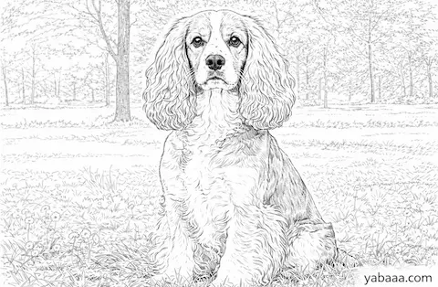 Koker španjel sedi vzravnano v parku in gleda naravnost naprej z mirnimi očmi – klasičen realističen portret za barvanje