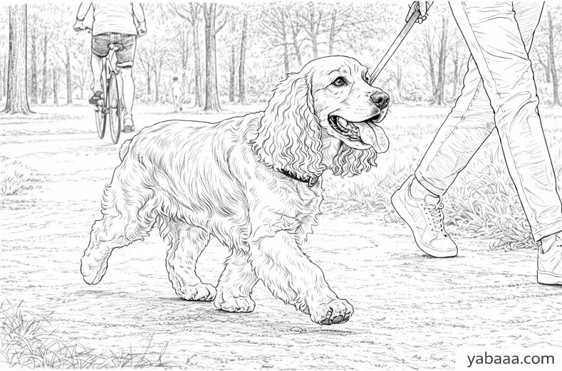 Кокер шпаньол на разходка в парка – безплатна картинка за оцветяване