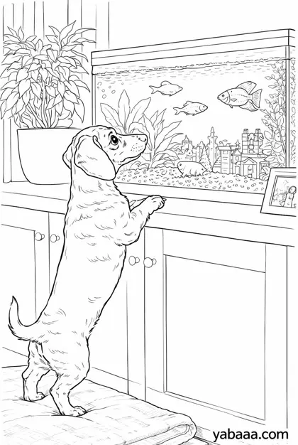 Дакел наблюдава аквариум с рибки – безплатна картинка за оцветяване за деца