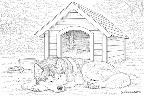 Haski spava pokraj kućice za pse – bojanka za djecu