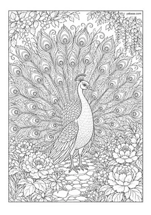 Detaljan crtež za bojanje pauna, format A4