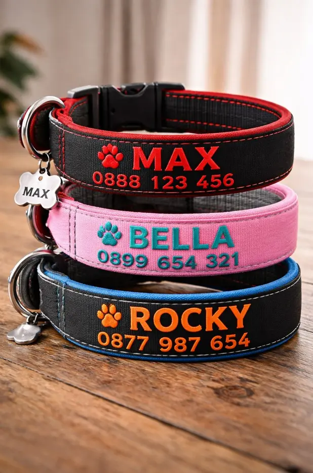 Tri personalizirana ovratnika za pse s ušivenim imenima MAX, BELLA i ROCKY u crvenoj, ružičastoj i narančastoj boji s privjescima – izvezeni identifikacijski ovratnici