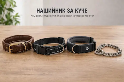 Четири вида нашийници за куче на дървена повърхност – кафяв кожен с тока, черен найлонов с рефлектор, мек черен с лапичка и метална верига