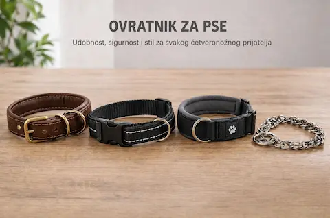 Četiri vrste ovratnika za pse na drvenoj površini – smeđi kožni, crni najlonski s reflektorom, mekani crni sa šapicom i metalni lančani ovratnik