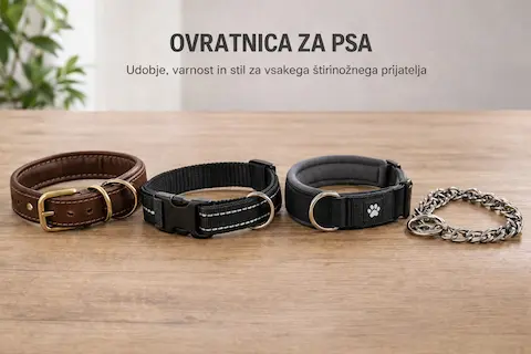 Štiri vrste ovratnic za psa na leseni površini – rjava usnjena s sponko, črna najlonska z reflektorjem, mehka črna s tačko in kovinska veriga