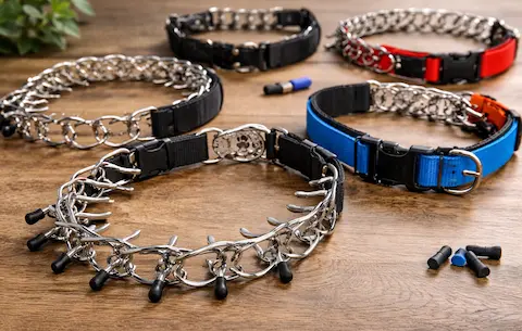 Različite vrste trening ovratnika za pse – metalni prong ovratnici s podesivim karikama i gumenim zaštitama, posloženi na drvenom stolu