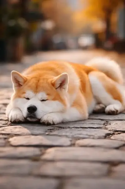 Akita Inu mirno spava na kaldrmisanoj ulici – tiha, dostojanstvena narav pasmine