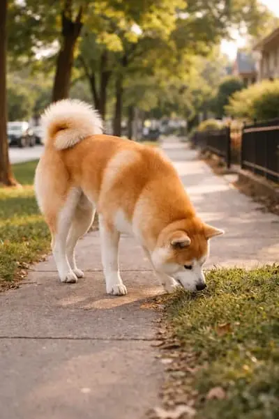 Akita Inu njuši po pločniku u gradskom parku – karakterističan zakrivljen rep i crvena dlaka